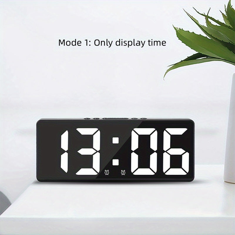 Digital LED alarm clock with temperature display, 12/24 hours, snooze mode, USB or AAA power supply, for bedroom and living room use.