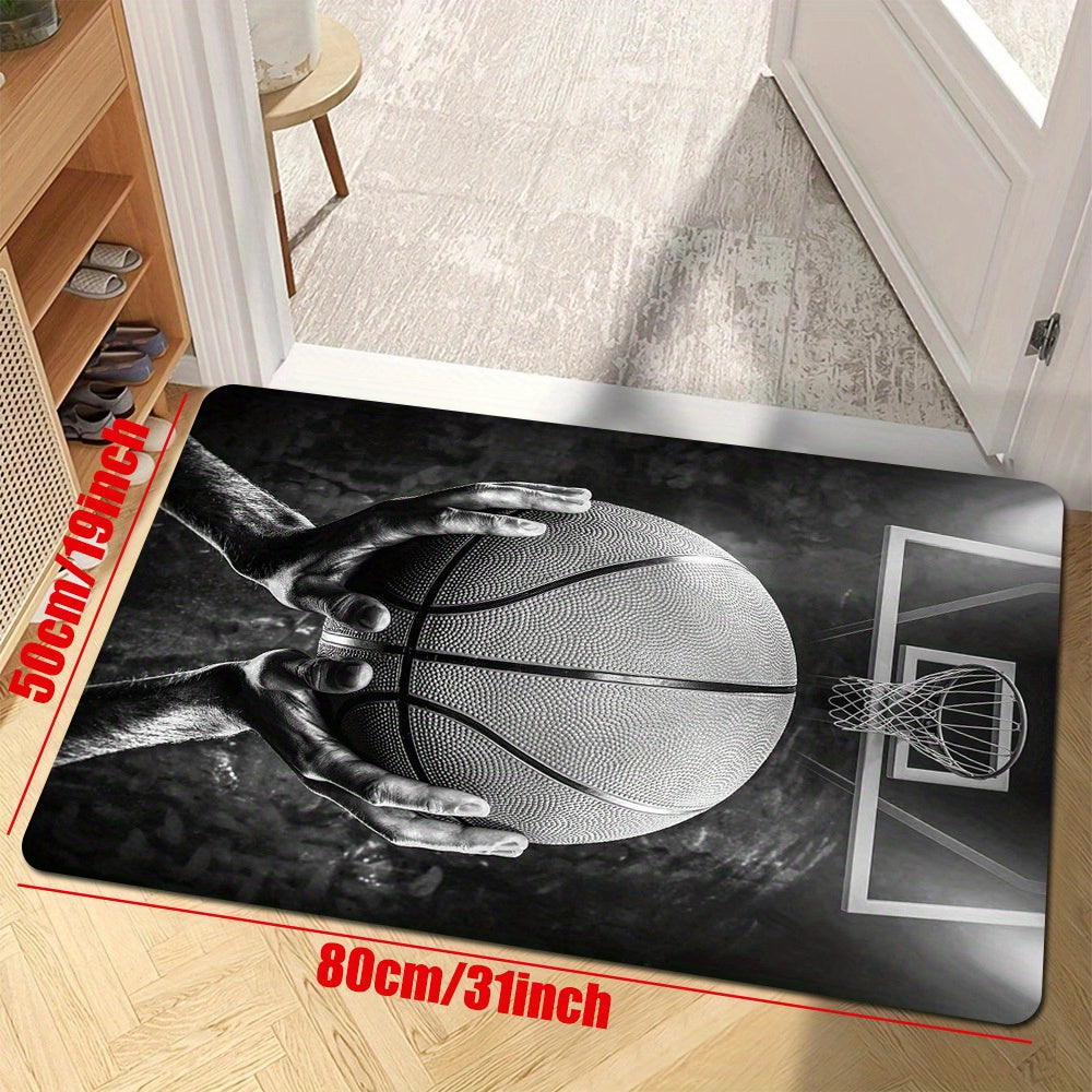 Basketball Dream Art Printed Floor Rug, perfect for the game room or large area carpet in the hallway or kitchen. This soft mat is washable and can be used outdoors or indoors. It is dirt resistant and has an anti-slip backing, making it ideal for use in