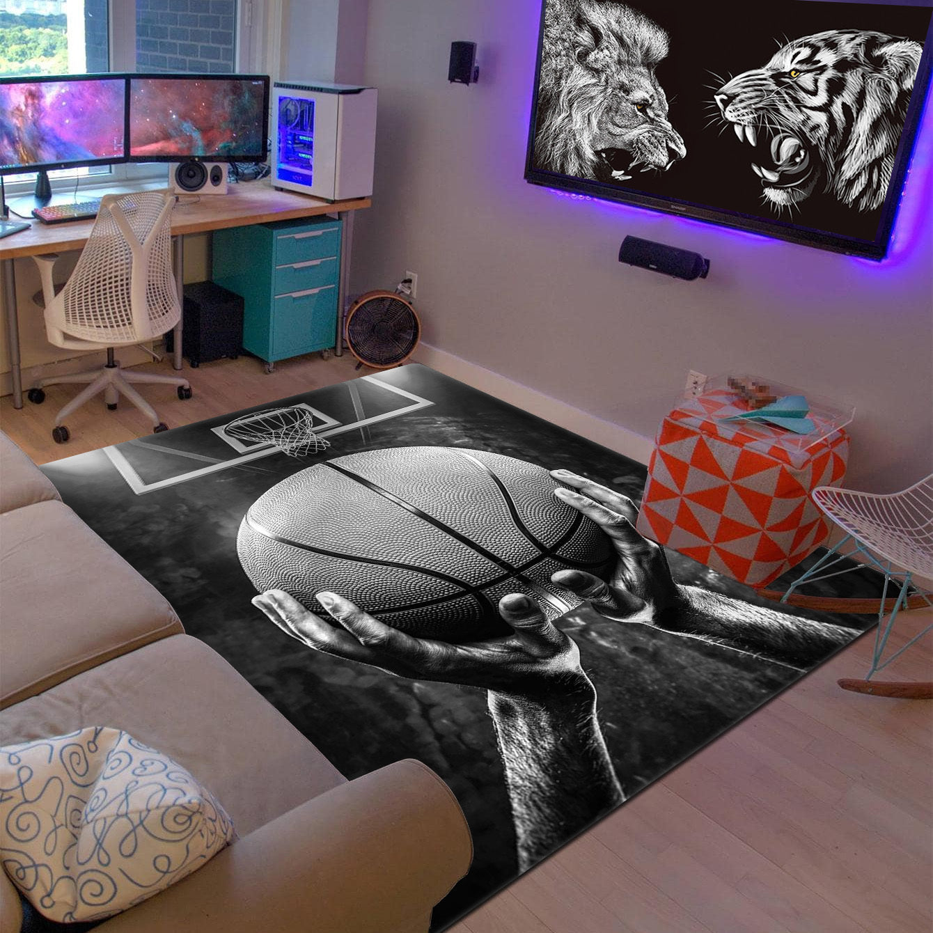 Basketball Dream Art Printed Floor Rug, perfect for the game room or large area carpet in the hallway or kitchen. This soft mat is washable and can be used outdoors or indoors. It is dirt resistant and has an anti-slip backing, making it ideal for use in