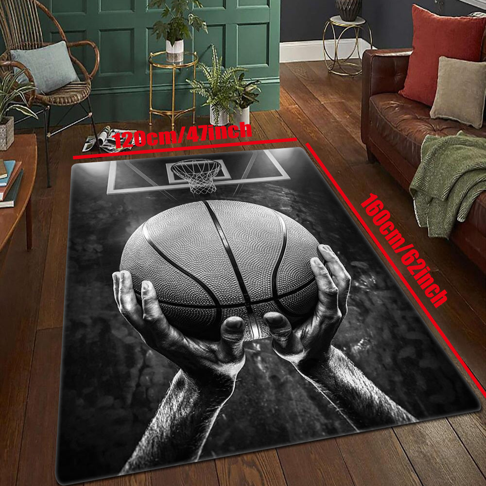 Basketball Dream Art Printed Floor Rug, perfect for the game room or large area carpet in the hallway or kitchen. This soft mat is washable and can be used outdoors or indoors. It is dirt resistant and has an anti-slip backing, making it ideal for use in