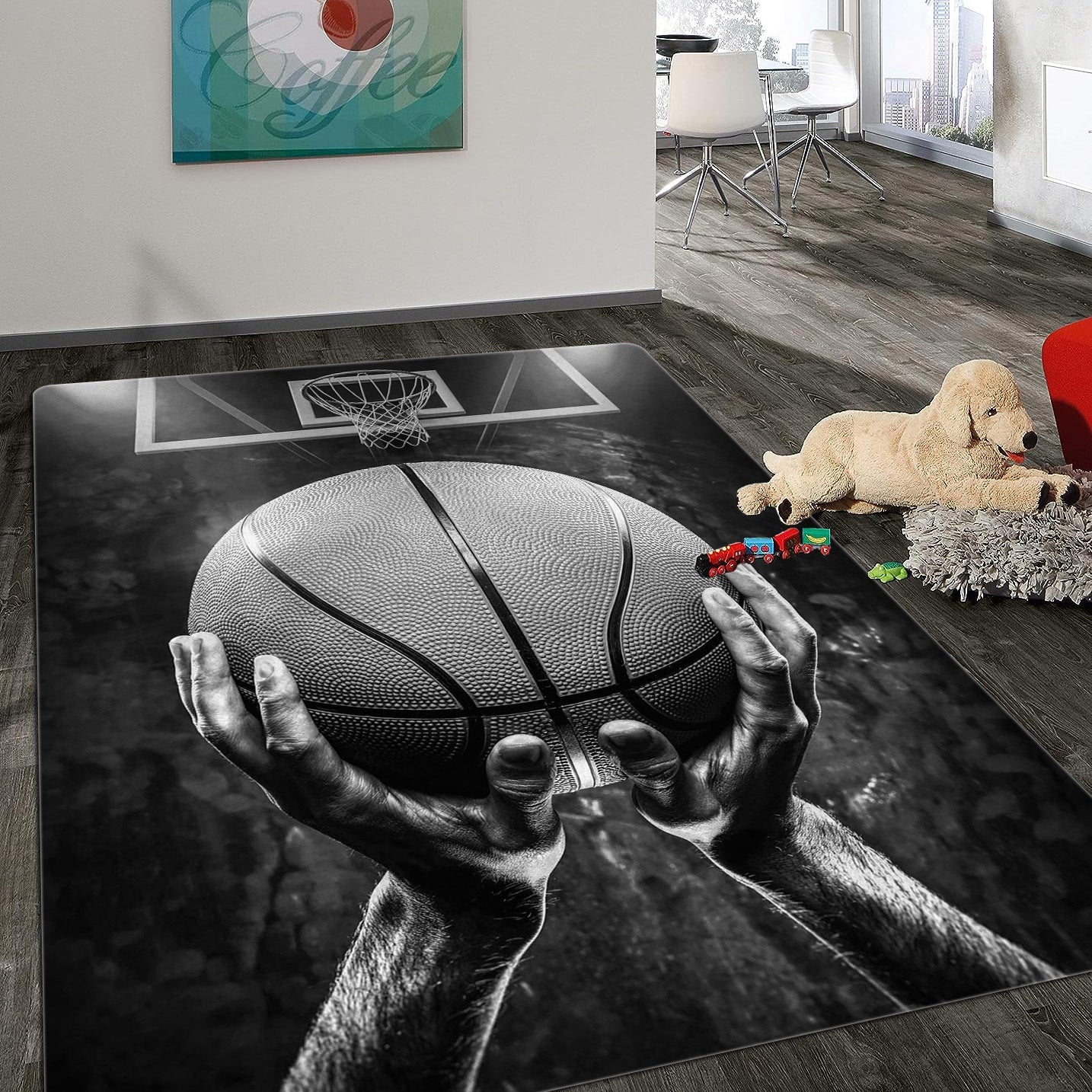 Basketball Dream Art Printed Floor Rug, perfect for the game room or large area carpet in the hallway or kitchen. This soft mat is washable and can be used outdoors or indoors. It is dirt resistant and has an anti-slip backing, making it ideal for use in