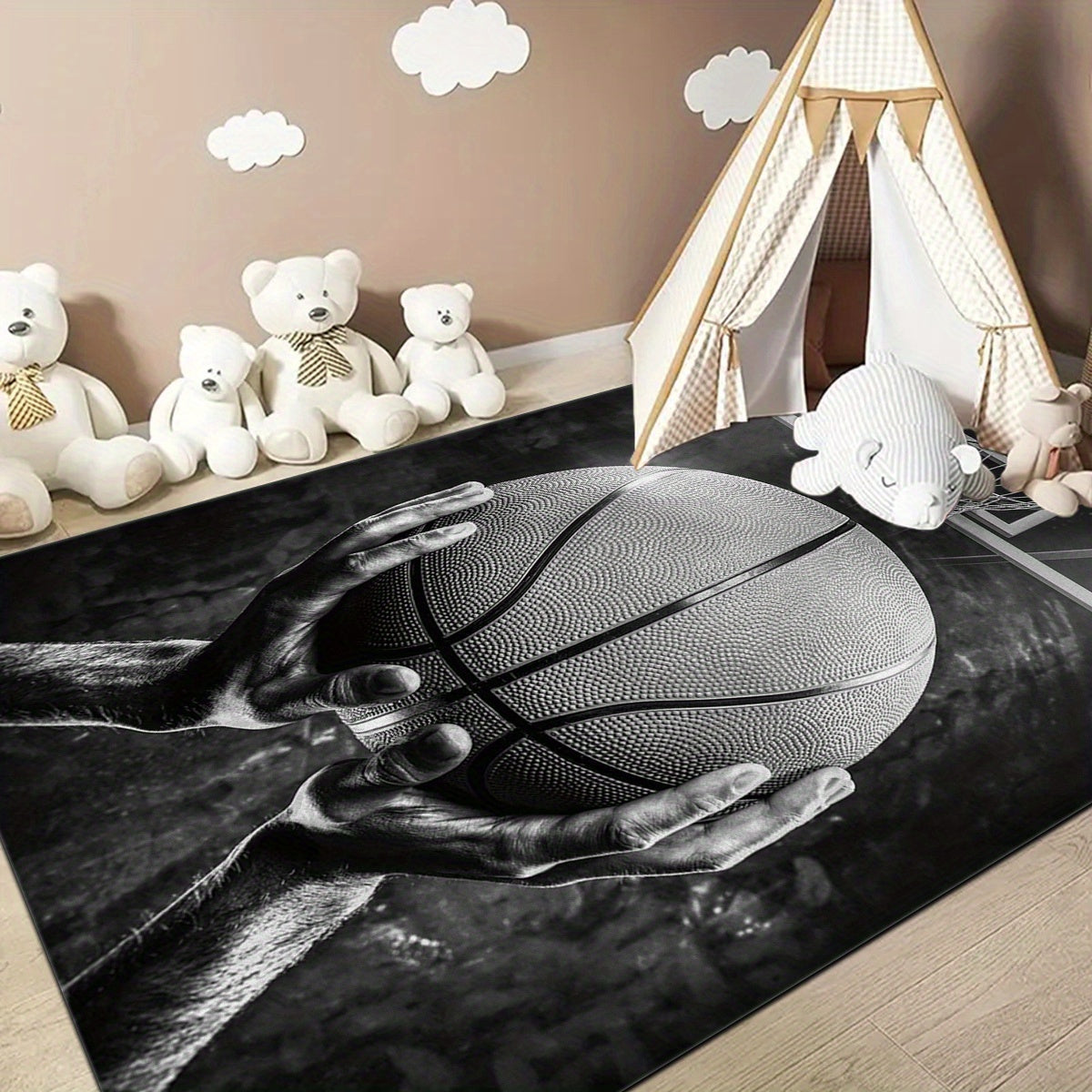 Basketball Dream Art Printed Floor Rug, perfect for the game room or large area carpet in the hallway or kitchen. This soft mat is washable and can be used outdoors or indoors. It is dirt resistant and has an anti-slip backing, making it ideal for use in