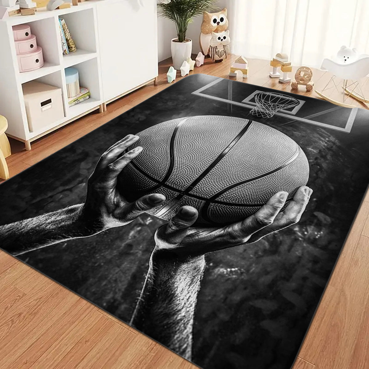 Basketball Dream Art Printed Floor Rug, perfect for the game room or large area carpet in the hallway or kitchen. This soft mat is washable and can be used outdoors or indoors. It is dirt resistant and has an anti-slip backing, making it ideal for use in