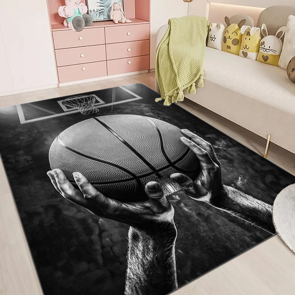 Basketball Dream Art Printed Floor Rug, perfect for the game room or large area carpet in the hallway or kitchen. This soft mat is washable and can be used outdoors or indoors. It is dirt resistant and has an anti-slip backing, making it ideal for use in