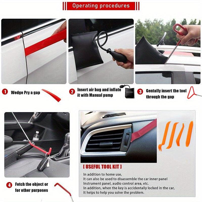 Car door repair air cushion tool kit with long reach grabber for emergency unlocking.