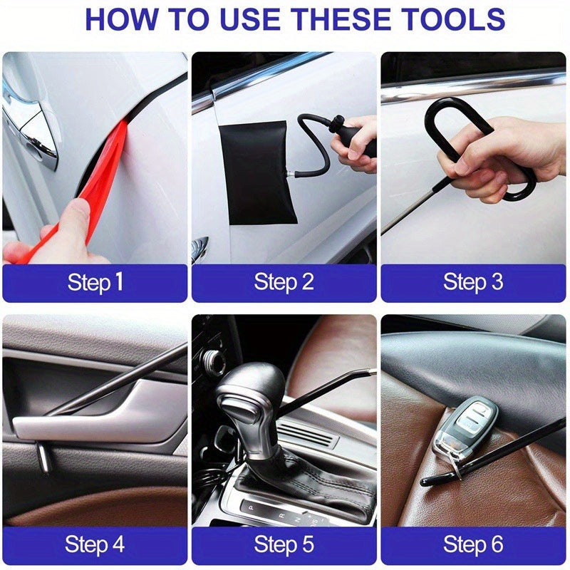 Car door repair air cushion tool kit with long reach grabber for emergency unlocking.