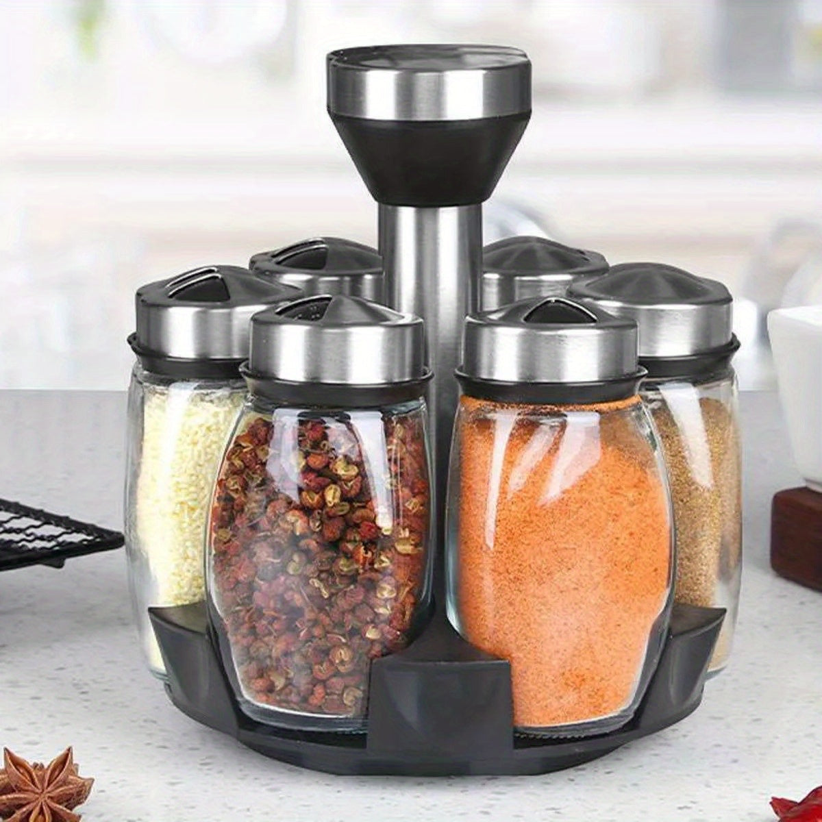 Set of 7 Glass Spice Jars with Stainless Steel Lids - Kitchen Organizer Rotates 360° for Salt, Sugar, Pepper & Spices - Clear Storage Rack Prevents Moisture, with Customizable Bottle Holders - Must-Have for Home Cooks, Spice Storage Solution