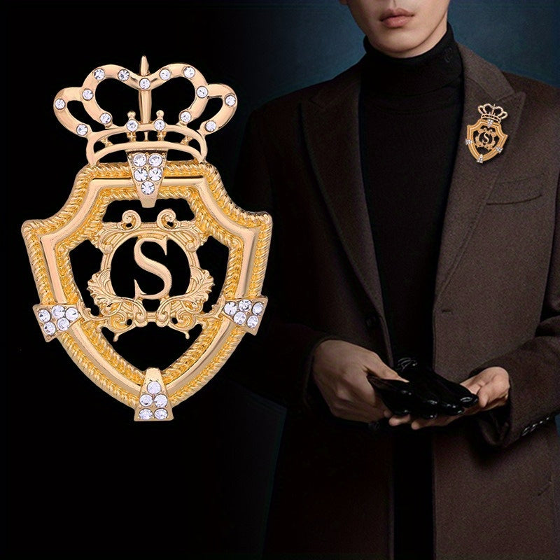 One-piece Crown Brooch for Men, Shield Badge, Stylish "S" Lapel Pin, Coat Accessory