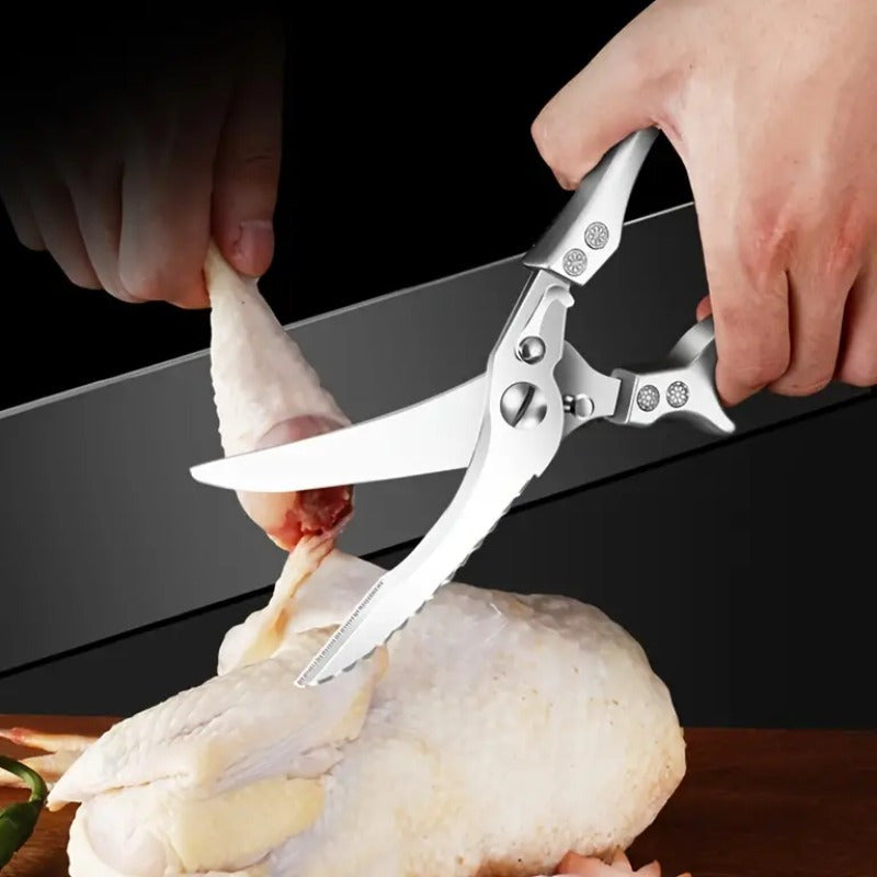 One piece of heavy-duty stainless steel kitchen scissors with automatic spring back for easily cutting through chicken bones. Features a durable aluminum handle for added strength. Perfect for various kitchen tasks and comes with kitchen utensils