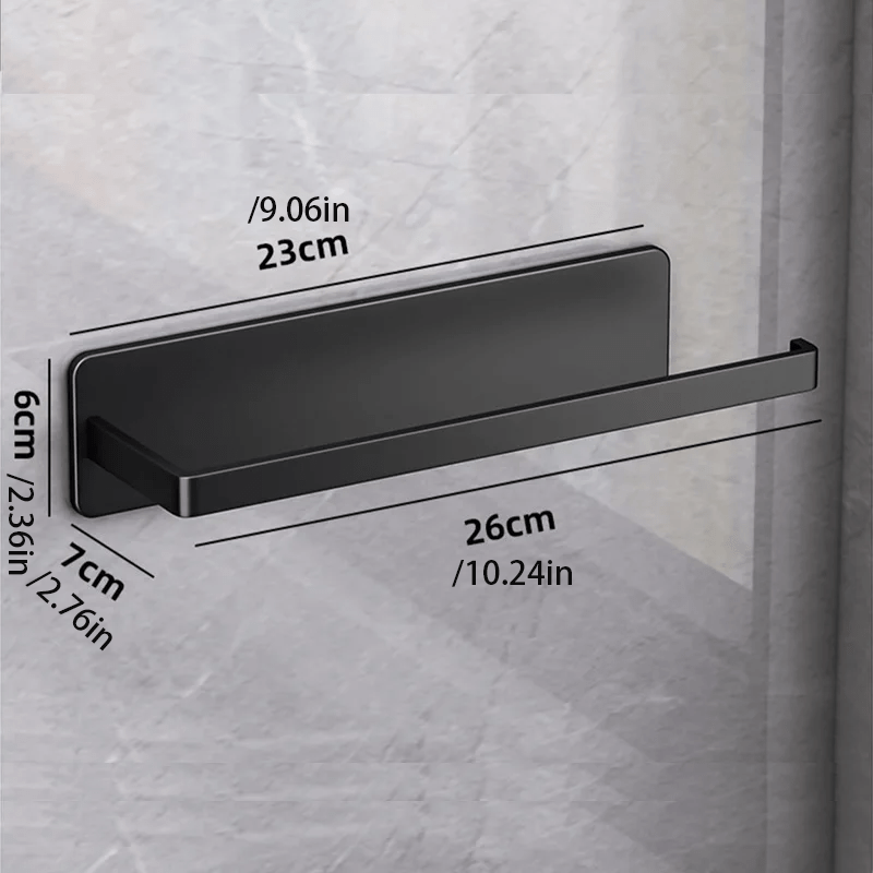 Kitchen organizer made of stainless steel that can be wall-mounted, available in black, white, or grey. Includes holders for paper towels and dish towels, as well as a shelf for plastic film. Features a space-saving design.