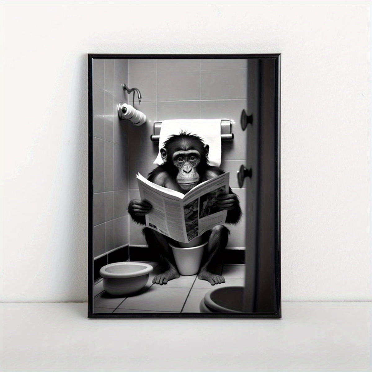 One canvas poster featuring a humorous gorilla in a bathroom setting, perfect for wall decor in any room. Frameless.