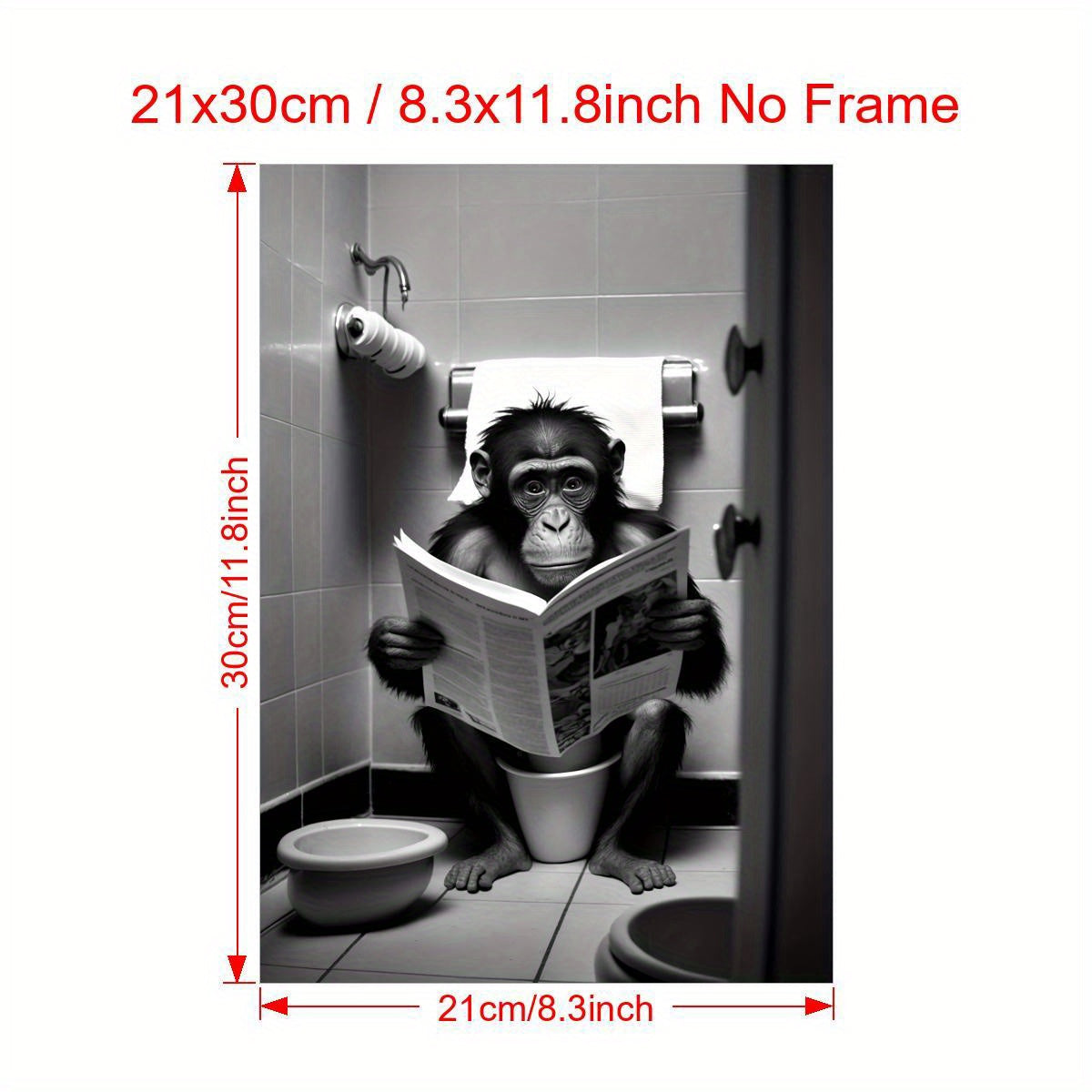 One canvas poster featuring a humorous gorilla in a bathroom setting, perfect for wall decor in any room. Frameless.