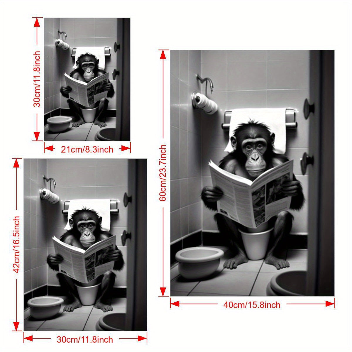 One canvas poster featuring a humorous gorilla in a bathroom setting, perfect for wall decor in any room. Frameless.