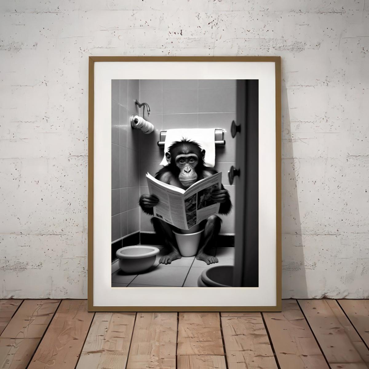 One canvas poster featuring a humorous gorilla in a bathroom setting, perfect for wall decor in any room. Frameless.