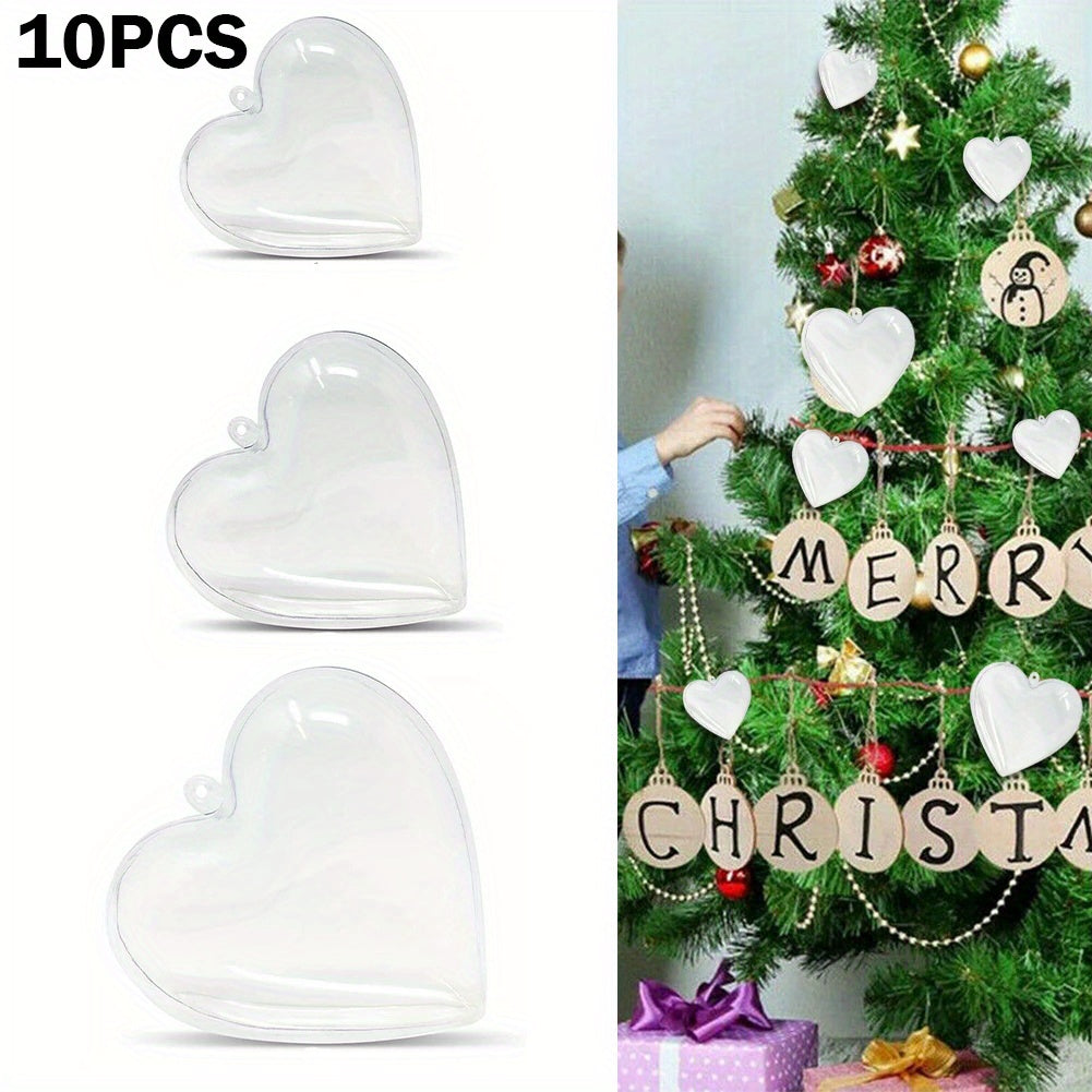 10 clear plastic heart-shaped Christmas ornaments for weddings, parties, and home décor.