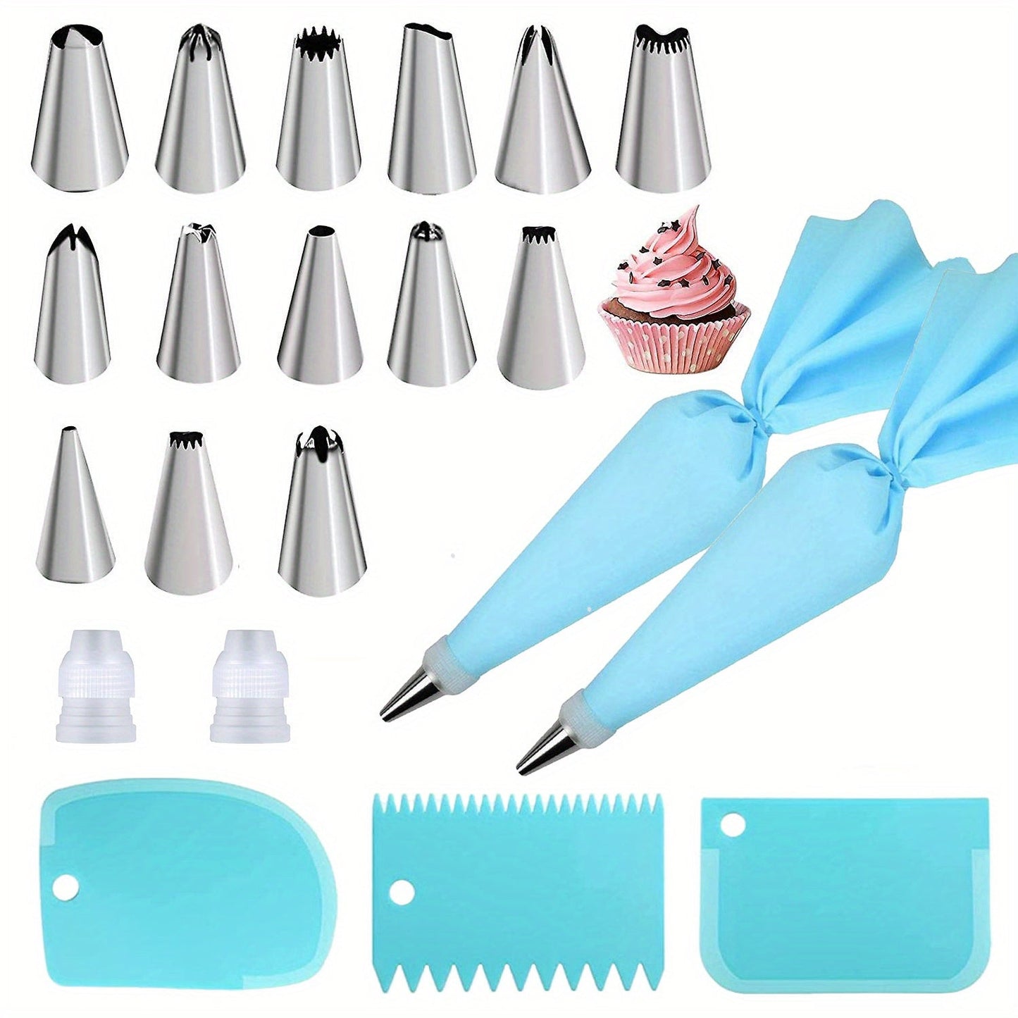 Set of 21 pieces, including 14 pink piping tips, 2 converters, 2 piping bags, and 3 icing spatulas. Perfect for cake decoration, pastry, cupcakes, and baking pan decoration. These baking tools, piping tools, and cake tools are ideal for creating