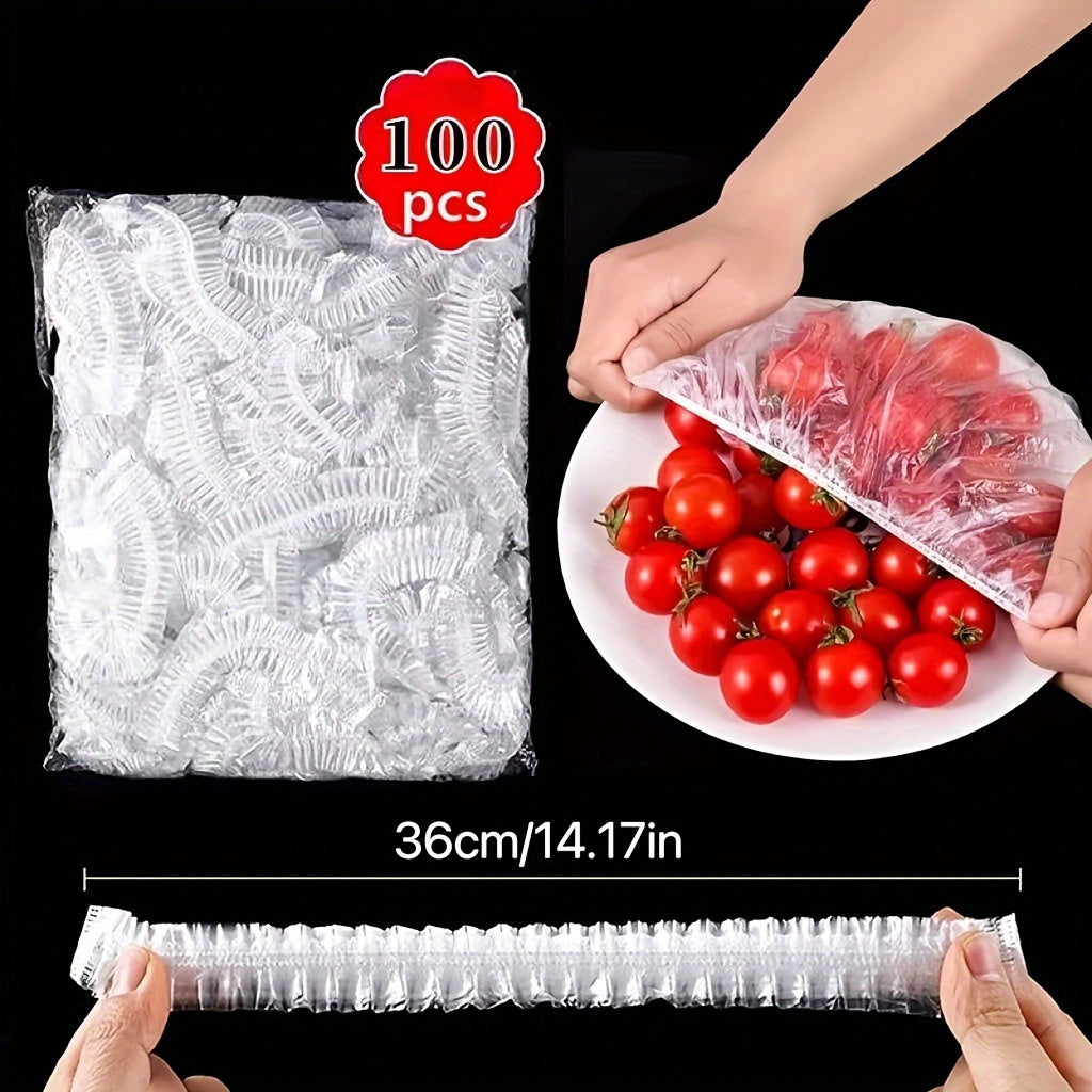 Clear Elastic Disposable Food Covers, 100 Pieces, 35.99cm Long - Preserves Freshness and Security of Food, Ideal for Outdoor Gatherings and Cooking Purposes