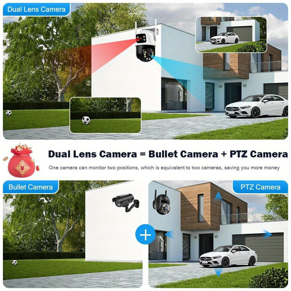 1 x 4K 8MP WiFi Security Camera with 2 x 4MP Lenses, Total 8MP Dual Lens 2.4GHz Wireless IP Camera for Home Security. Features include AI Human Tracking, Color Night Vision, Two-way Audio