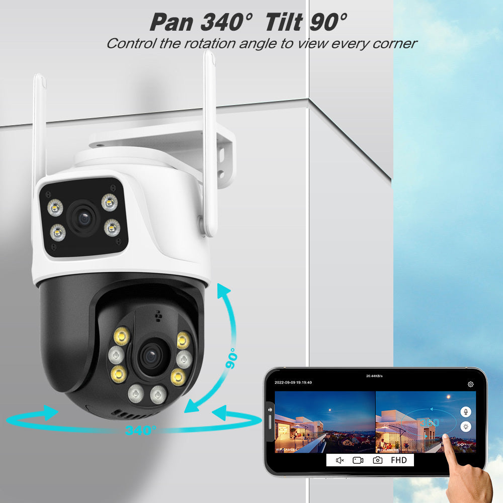 1 x 4K 8MP WiFi Security Camera with 2 x 4MP Lenses, Total 8MP Dual Lens 2.4GHz Wireless IP Camera for Home Security. Features include AI Human Tracking, Color Night Vision, Two-way Audio