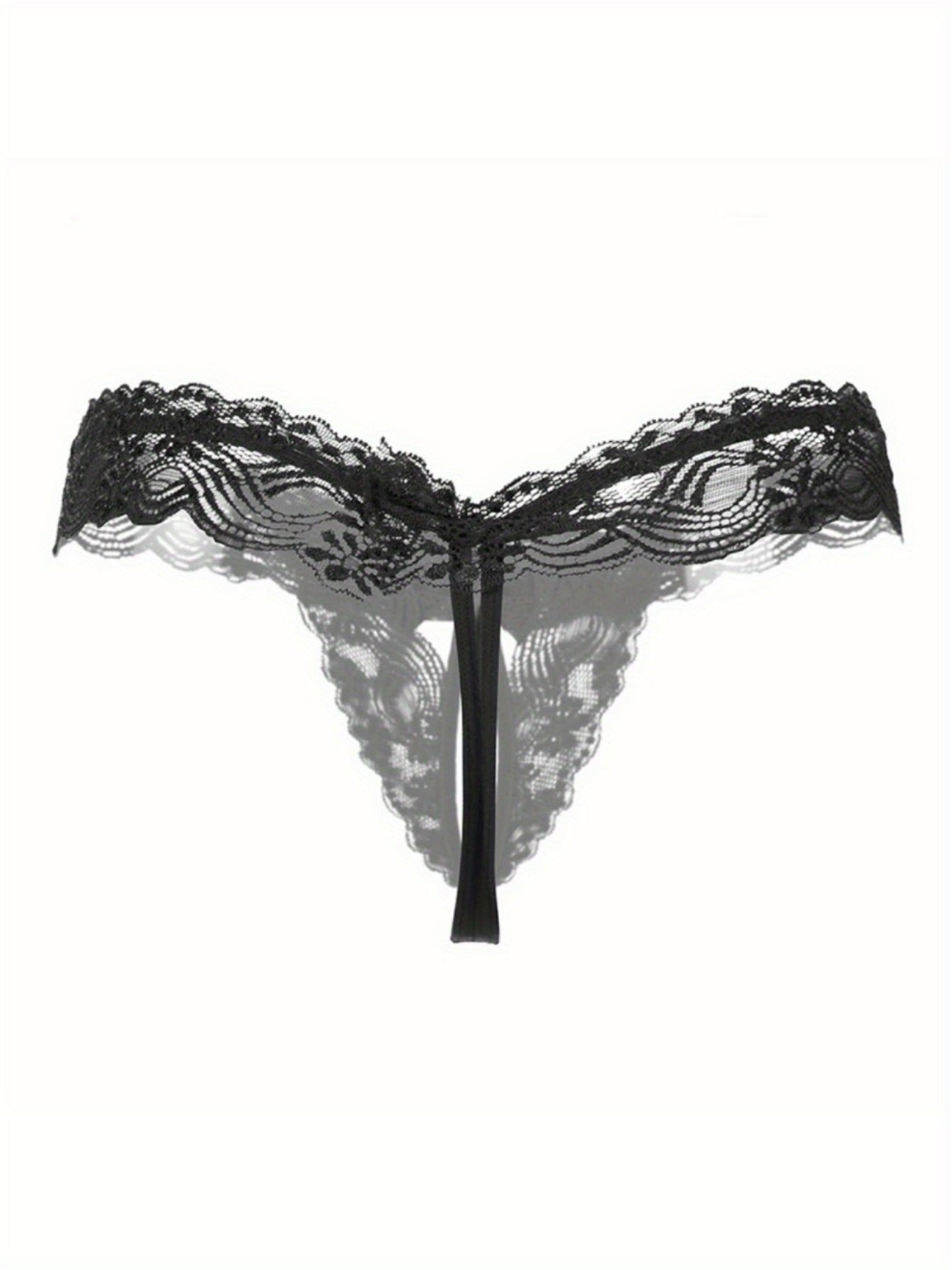 Women's sexy lingerie featuring floral lace bow thongs, open crotch faux pearl panties.