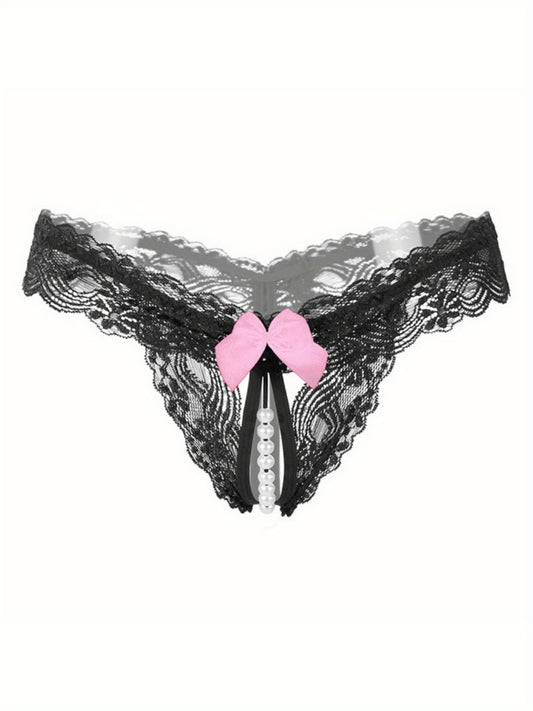 Women's sexy lingerie featuring floral lace bow thongs, open crotch faux pearl panties.