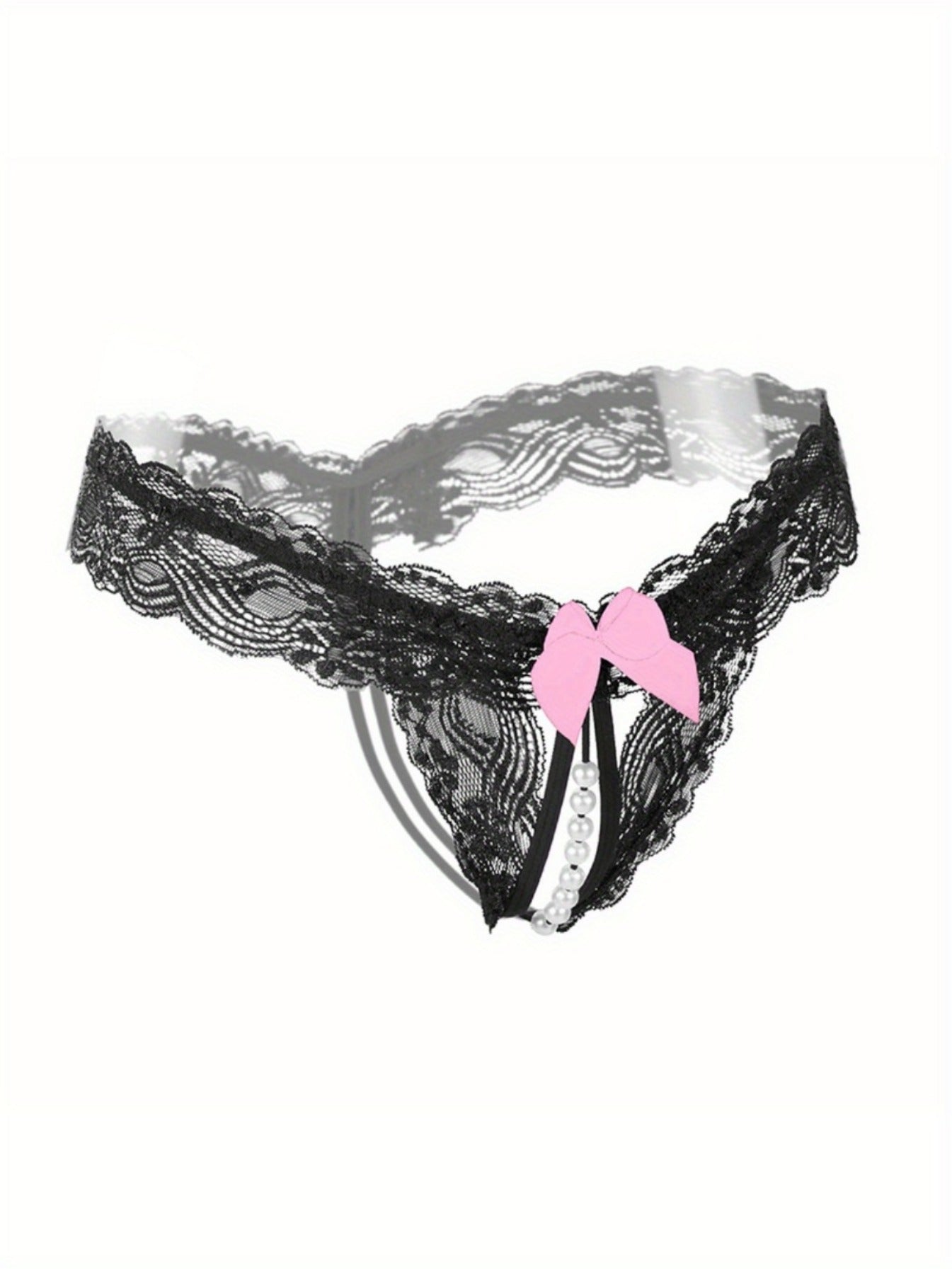 Women's sexy lingerie featuring floral lace bow thongs, open crotch faux pearl panties.