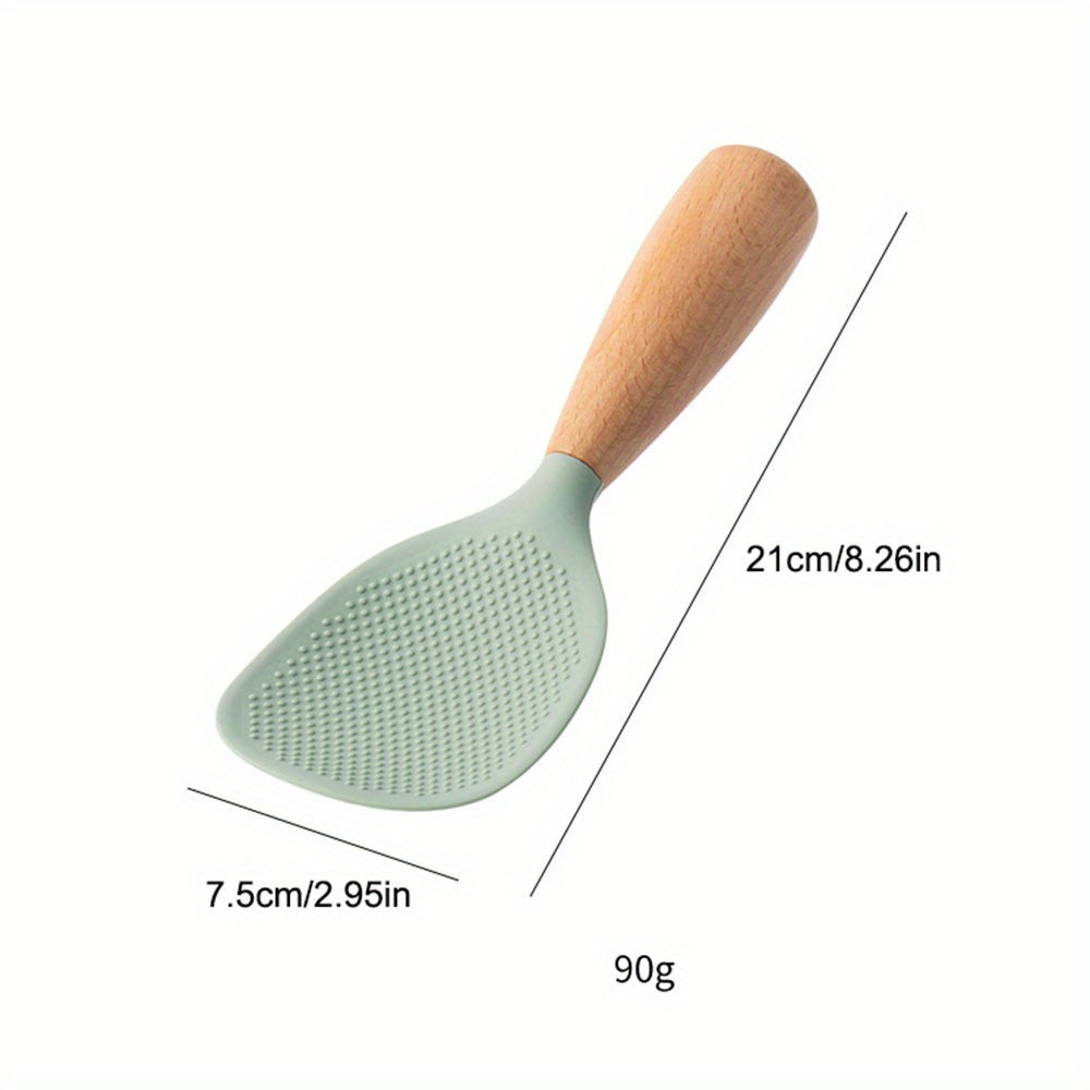 Silicone spoon with wooden handle, ideal for nonstick pans, rice cookers, and various cooking needs in home kitchens, school dormitories, and more.