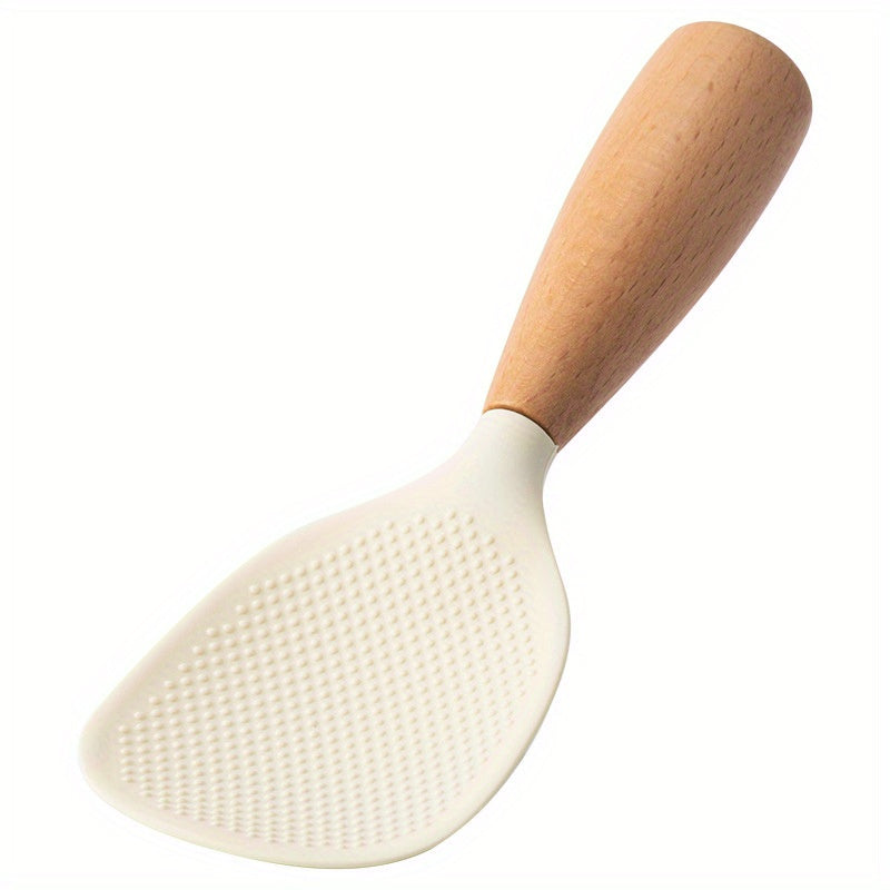 Silicone spoon with wooden handle, ideal for nonstick pans, rice cookers, and various cooking needs in home kitchens, school dormitories, and more.