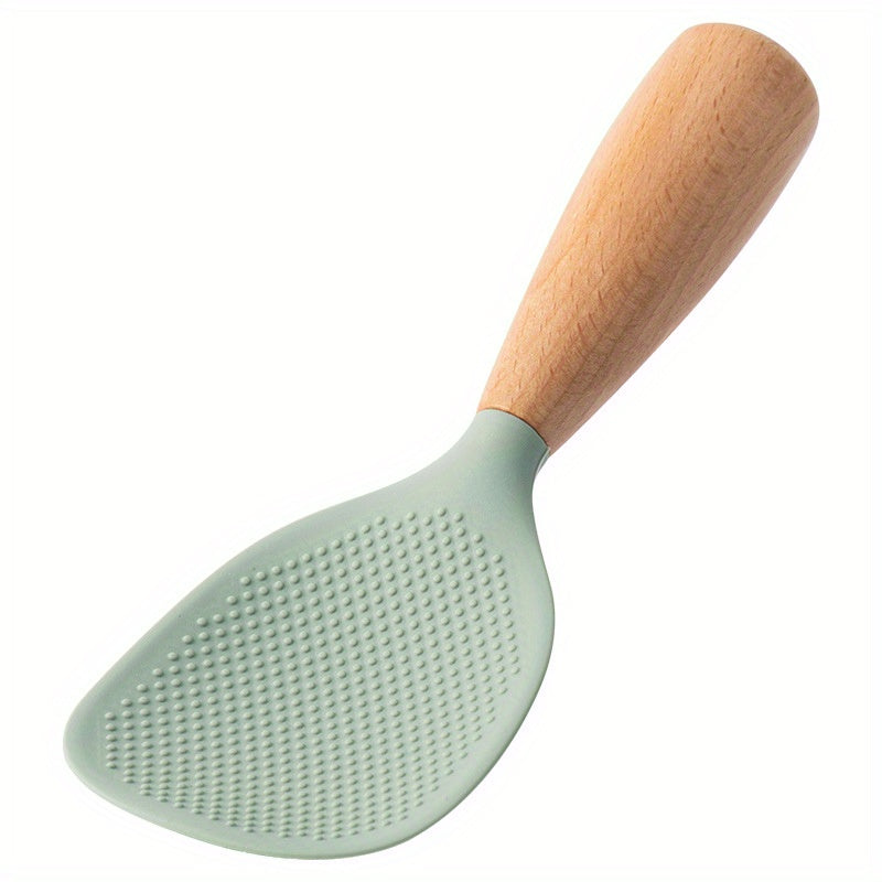 Silicone spoon with wooden handle, ideal for nonstick pans, rice cookers, and various cooking needs in home kitchens, school dormitories, and more.