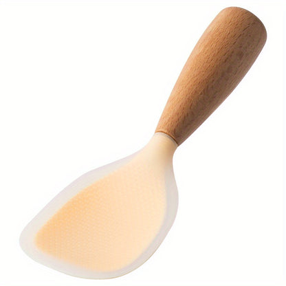 Silicone spoon with wooden handle, ideal for nonstick pans, rice cookers, and various cooking needs in home kitchens, school dormitories, and more.