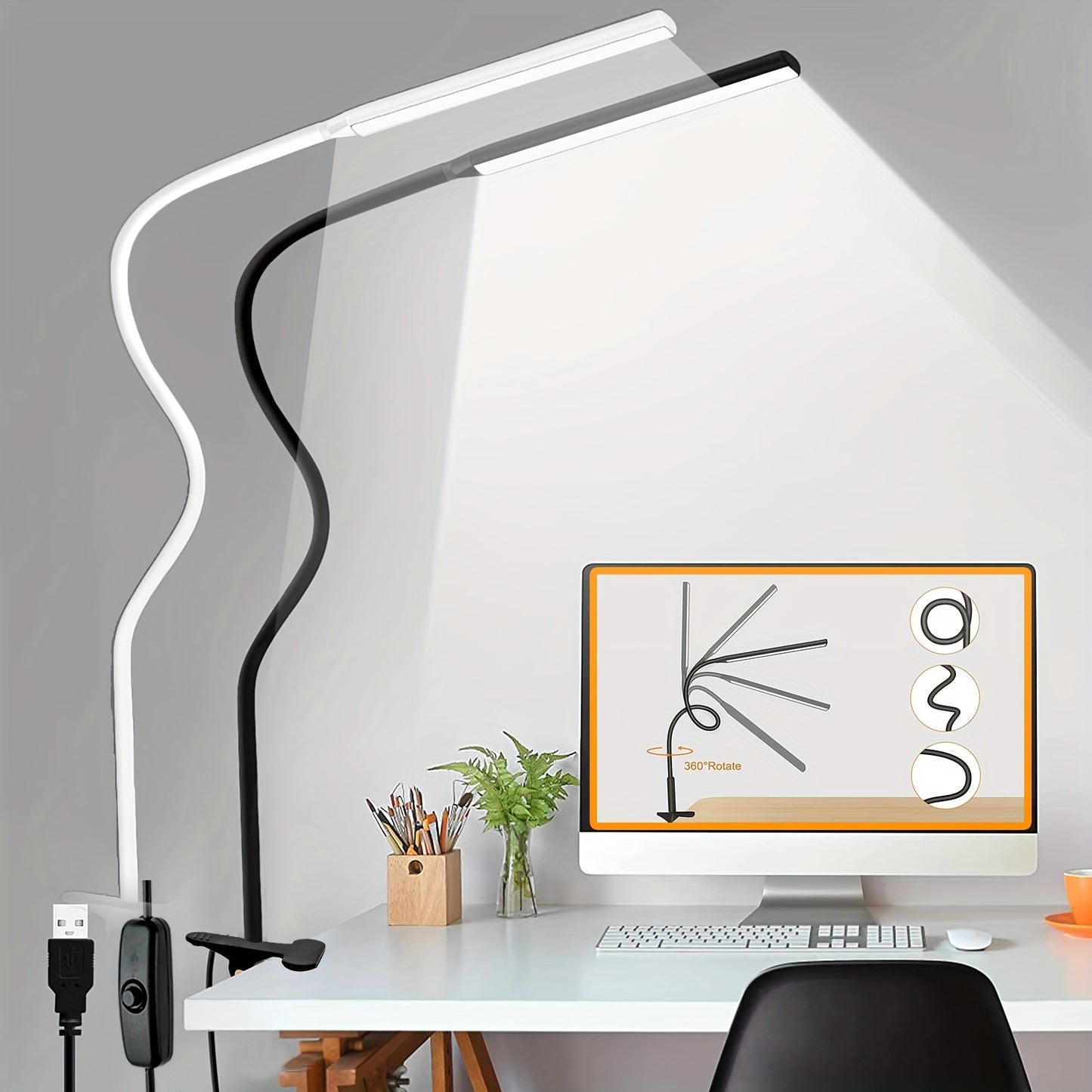 1pc DLXTECH Flexible LED Desk Lamp with Clamp, Swivel Gooseneck Arm, USB Power, Eye-Caring Task Light for Home Office in Black & White.