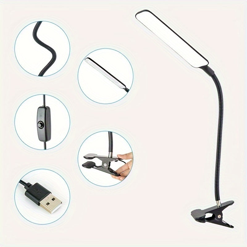 1pc DLXTECH Flexible LED Desk Lamp with Clamp, Swivel Gooseneck Arm, USB Power, Eye-Caring Task Light for Home Office in Black & White.