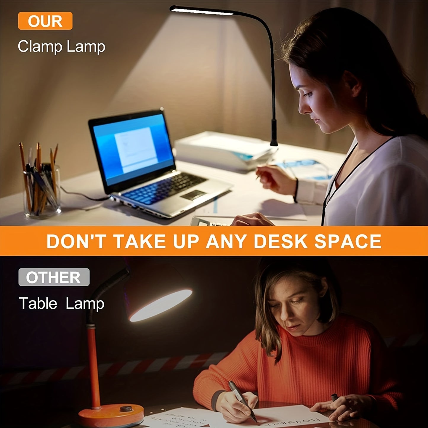 1pc DLXTECH Flexible LED Desk Lamp with Clamp, Swivel Gooseneck Arm, USB Power, Eye-Caring Task Light for Home Office in Black & White.