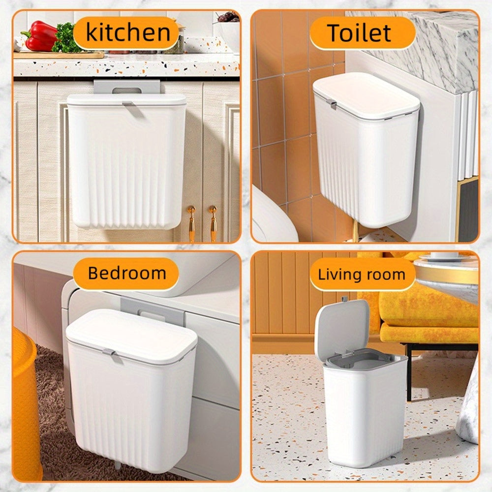 Wall mounted trash can with adhesive hook, large capacity hanging bin for kitchen organization. Perfect for home and office use.