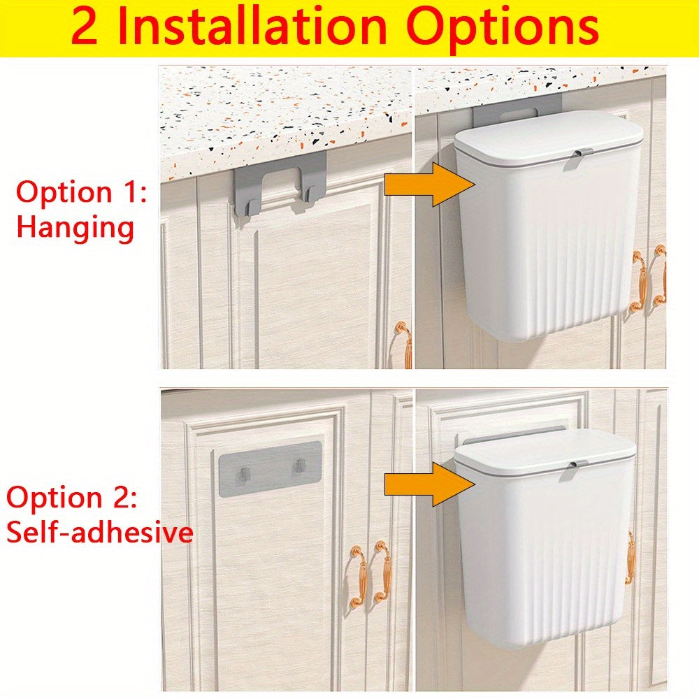 Wall mounted trash can with adhesive hook, large capacity hanging bin for kitchen organization. Perfect for home and office use.