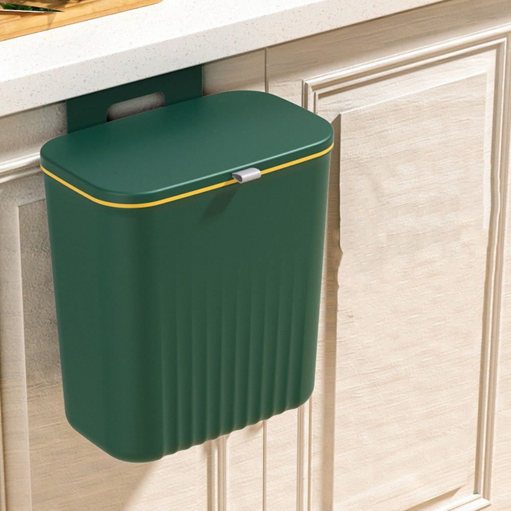 Wall mounted trash can with adhesive hook, large capacity hanging bin for kitchen organization. Perfect for home and office use.