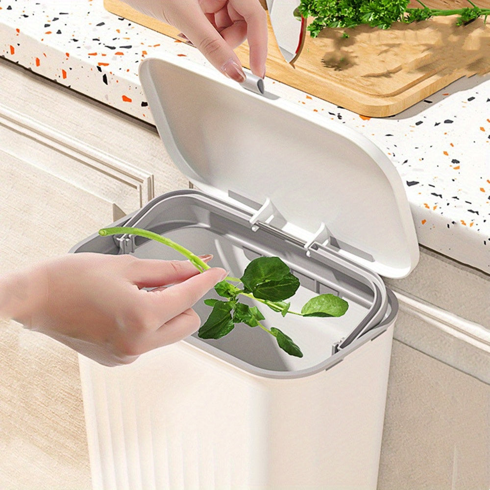 Wall mounted trash can with adhesive hook, large capacity hanging bin for kitchen organization. Perfect for home and office use.