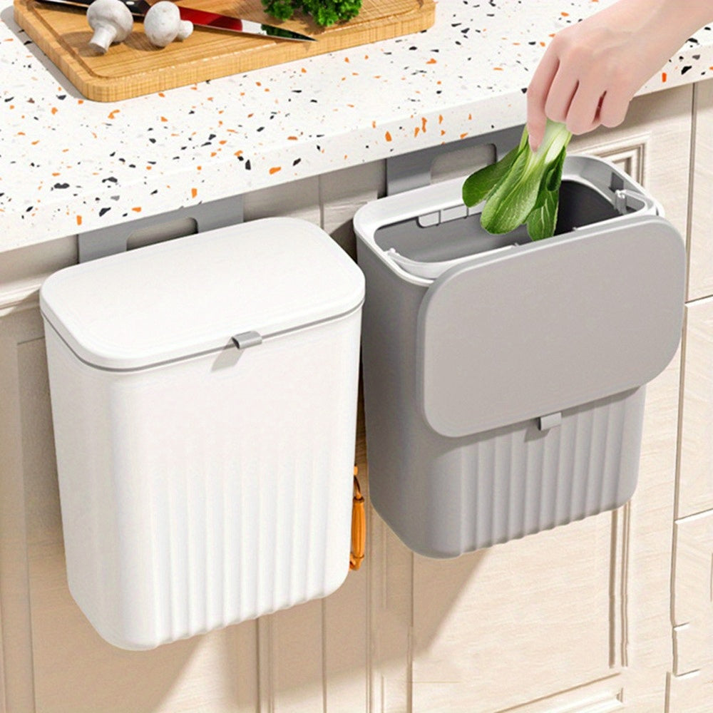 Wall mounted trash can with adhesive hook, large capacity hanging bin for kitchen organization. Perfect for home and office use.