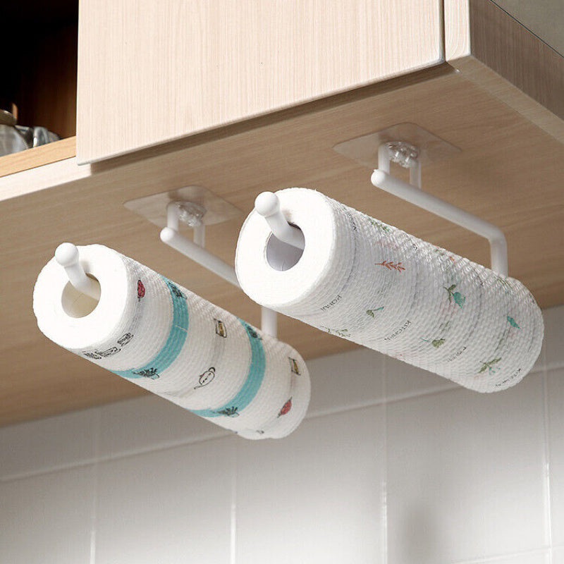 Paper towel holder for kitchen and bathroom, wall-mounted storage rack for towels and dish cloths. Punching-free installation. Made of plastic. Dimensions: 6.86 x 28.96 x 7.87cm. Includes 1 piece. Ideal for kitchen supplies.