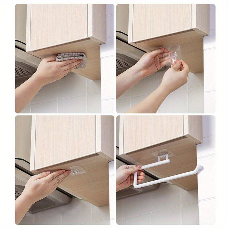 Paper towel holder for kitchen and bathroom, wall-mounted storage rack for towels and dish cloths. Punching-free installation. Made of plastic. Dimensions: 6.86 x 28.96 x 7.87cm. Includes 1 piece. Ideal for kitchen supplies.