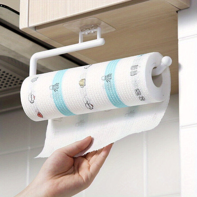 Paper towel holder for kitchen and bathroom, wall-mounted storage rack for towels and dish cloths. Punching-free installation. Made of plastic. Dimensions: 6.86 x 28.96 x 7.87cm. Includes 1 piece. Ideal for kitchen supplies.