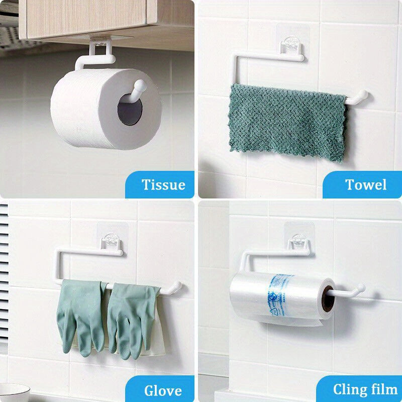 Paper towel holder for kitchen and bathroom, wall-mounted storage rack for towels and dish cloths. Punching-free installation. Made of plastic. Dimensions: 6.86 x 28.96 x 7.87cm. Includes 1 piece. Ideal for kitchen supplies.