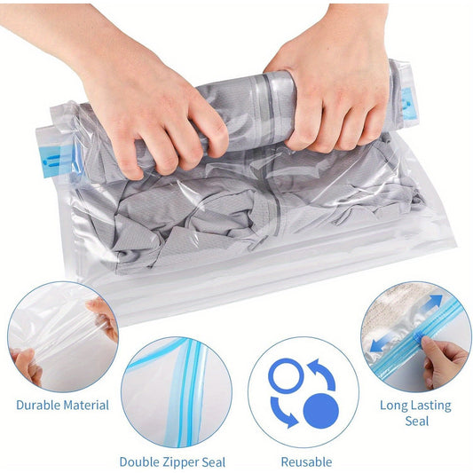 Twelve pieces of medium-sized (35.56x50.8cm) reusable compression bags are available. These transparent, durable, and waterproof bags provide a space-saving vacuum storage solution for travel. No pump is needed for these bags, as they feature an easy