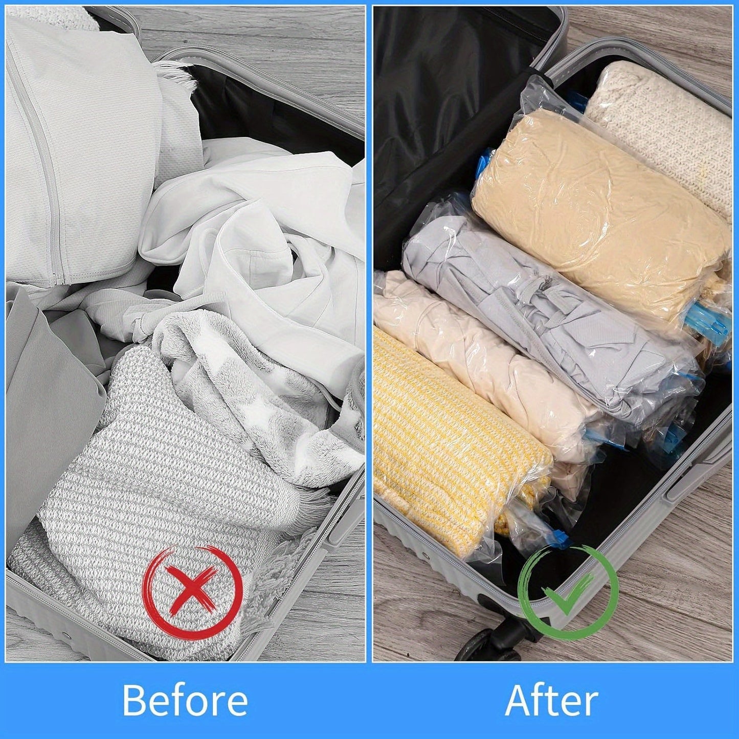 Twelve pieces of medium-sized (35.56x50.8cm) reusable compression bags are available. These transparent, durable, and waterproof bags provide a space-saving vacuum storage solution for travel. No pump is needed for these bags, as they feature an easy