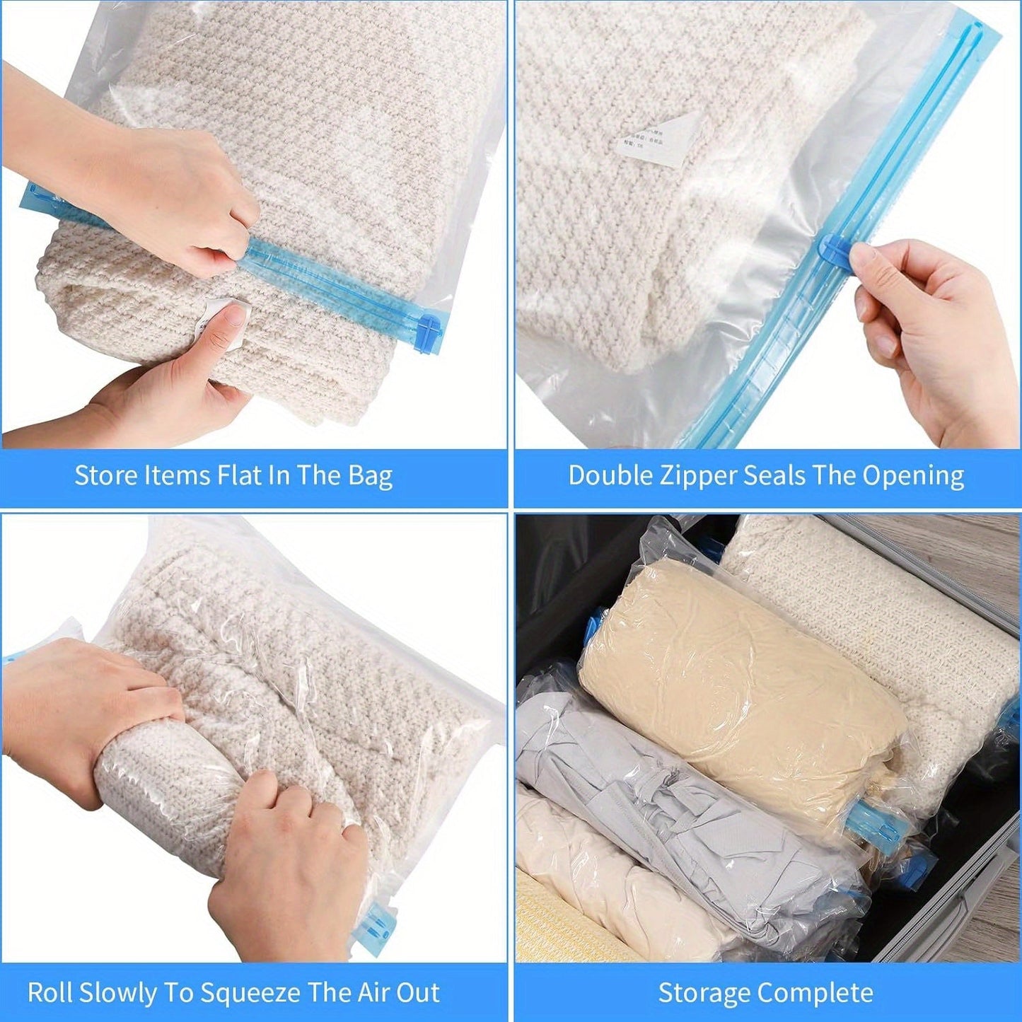 Twelve pieces of medium-sized (35.56x50.8cm) reusable compression bags are available. These transparent, durable, and waterproof bags provide a space-saving vacuum storage solution for travel. No pump is needed for these bags, as they feature an easy