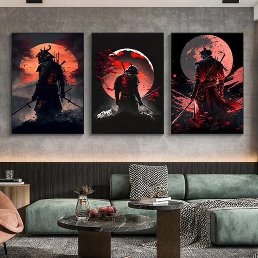 Japanese Samurai canvas paintings, character posters, and prints. Cherry blossom sunset wall art for home decorating in living room or bedroom. Available in various sizes, unframed.