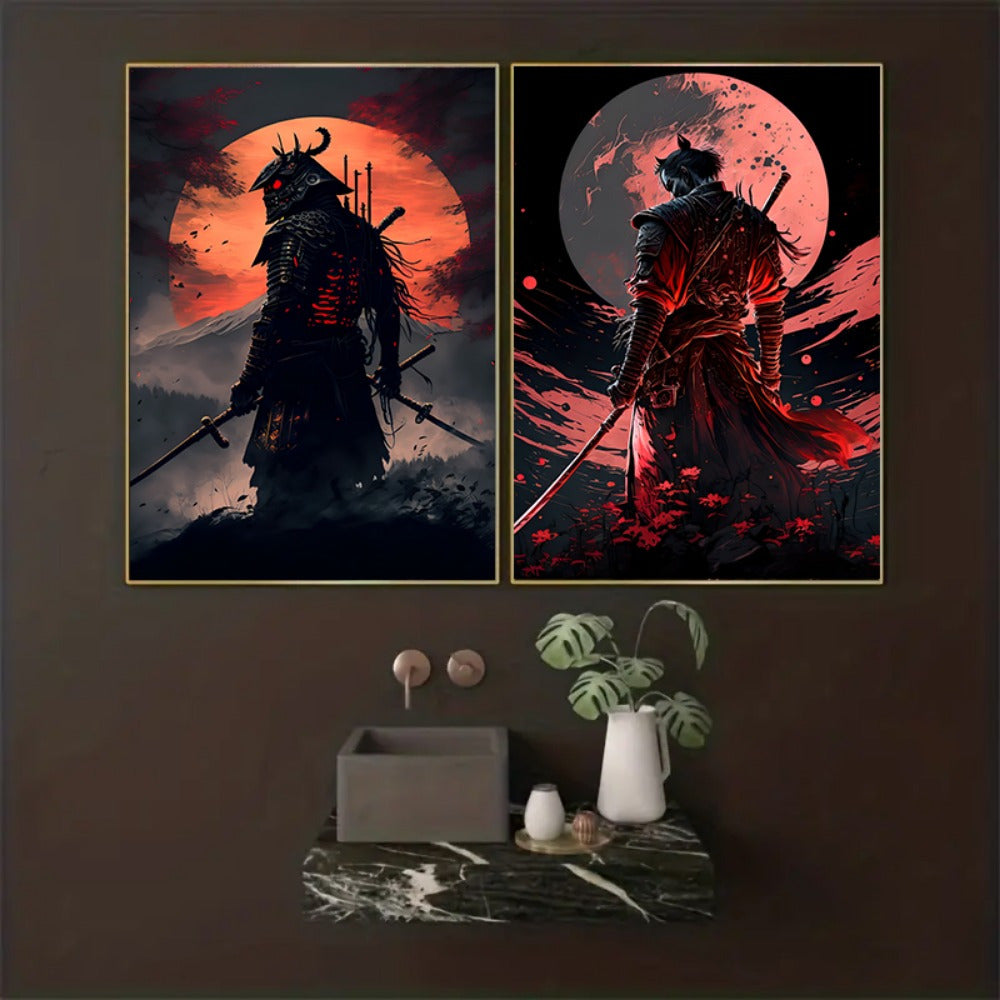 Japanese Samurai canvas paintings, character posters, and prints. Cherry blossom sunset wall art for home decorating in living room or bedroom. Available in various sizes, unframed.