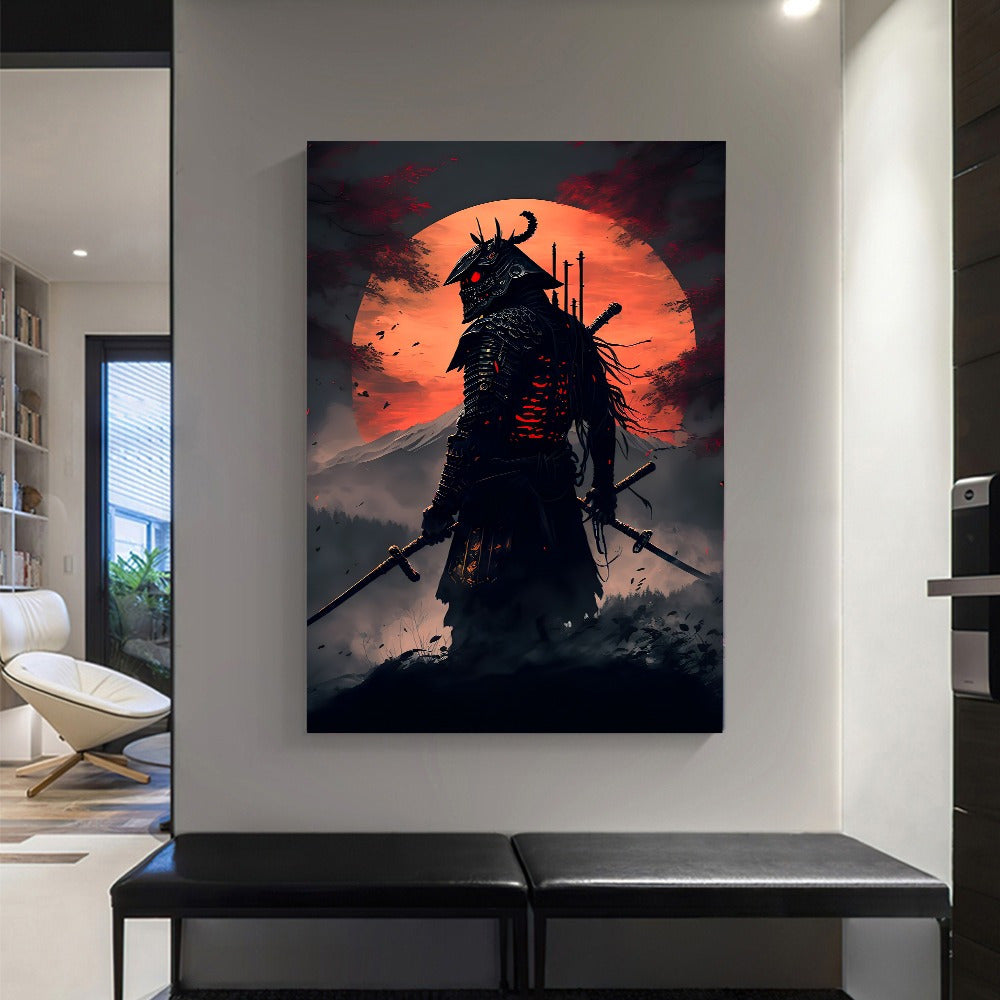 Japanese Samurai canvas paintings, character posters, and prints. Cherry blossom sunset wall art for home decorating in living room or bedroom. Available in various sizes, unframed.