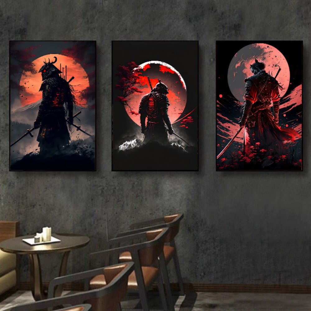 Japanese Samurai canvas paintings, character posters, and prints. Cherry blossom sunset wall art for home decorating in living room or bedroom. Available in various sizes, unframed.