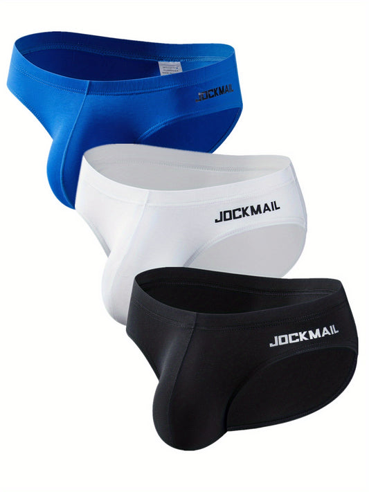 3-pack JOCKMAIL Men's Low Waist Briefs in Blue, White, & Black with "JOCKMAIL" Waistband Detail, made of Breathable & Comfortable Cotton Blend.